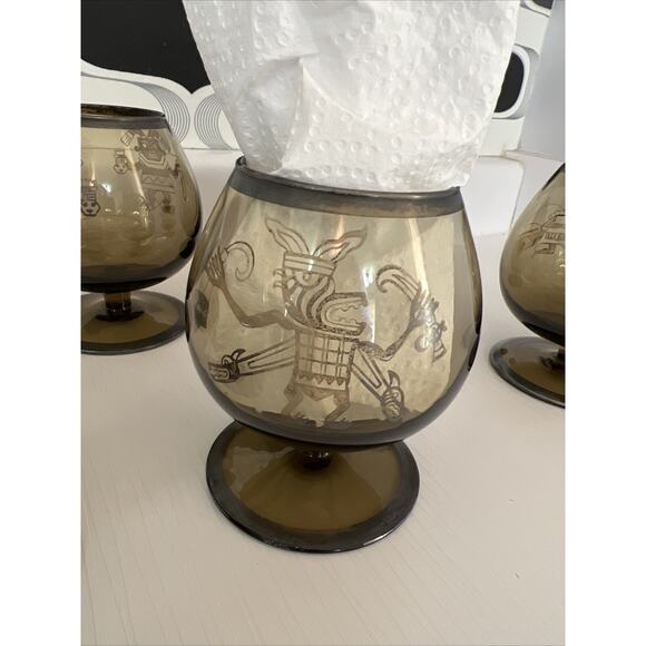 6 Vtg Smoked Smoke Glass Glasses Snifter Brandy Scotch Cognac Bar Peru Mayan - Picture 3 of 16